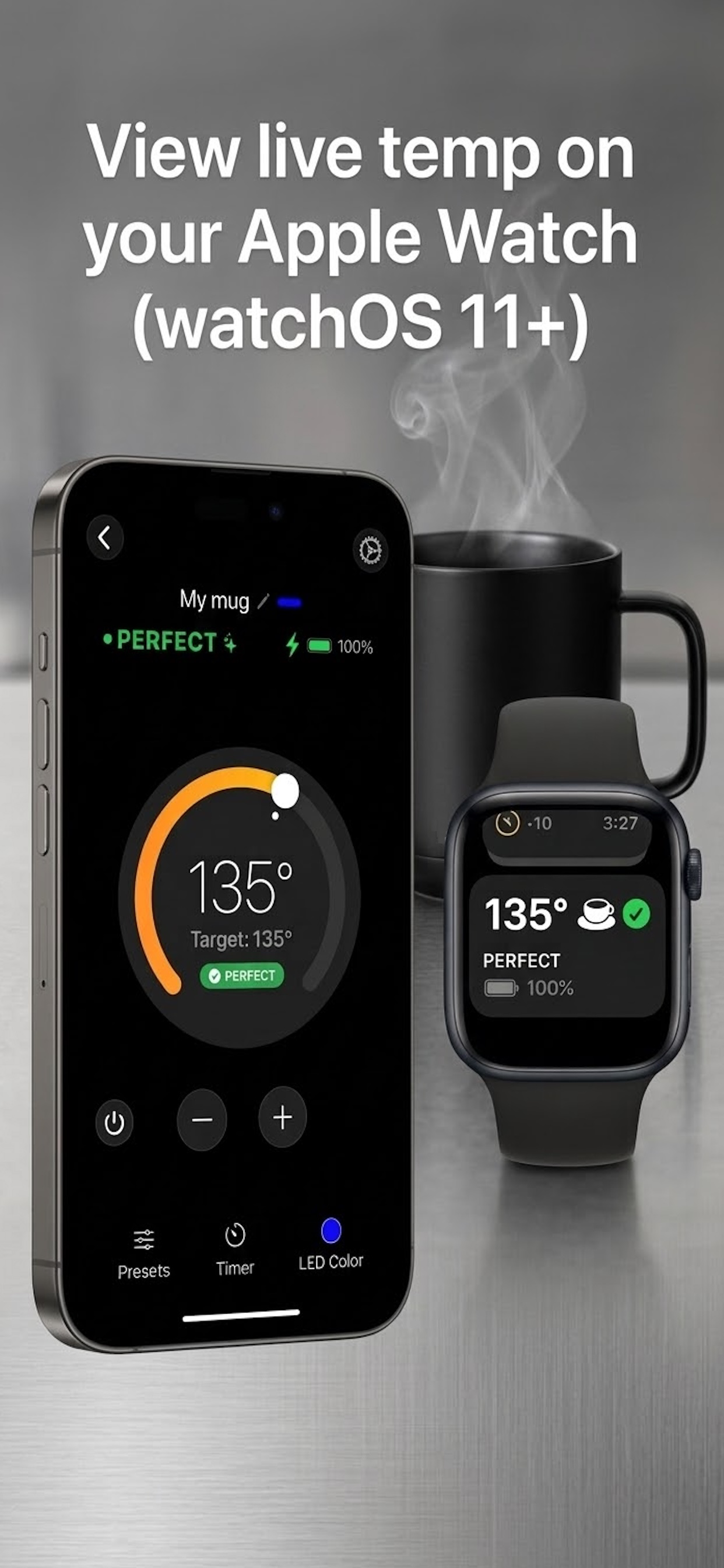 Mug Monitor showing 135 degrees on an iPhone and Apple Watch