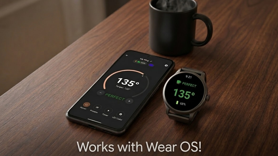 Mug Monitor running on an Android phone and Wear OS watch beside a mug